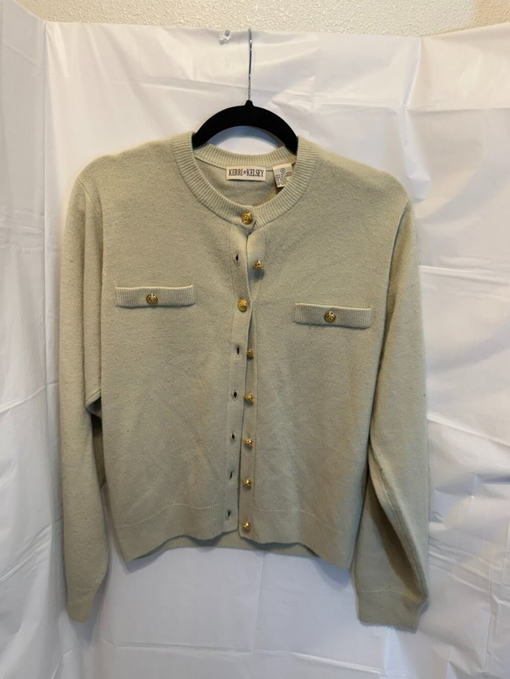 Kerri N Kelsey Mint Sage Knit Cardigan - Gold Crest Buttons - Size Medium